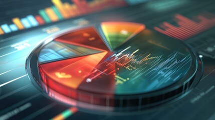 Poster - A close-up of a D pie chart with metallic textures, displaying financial performance analysis, with key figures and data points highlighted.