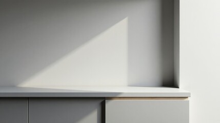 Poster - Minimalist grey countertop with sunlight shadows on a neutral wall