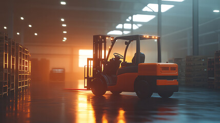 Aufkleber - Orange forklift carrying pallet in a well-lit warehouse environment, industrial logistics concept