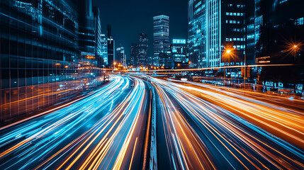 Leinwandbilder - Photo of night city lights and traffic speeding by cars, bokeh effect background