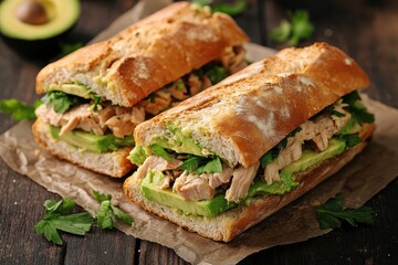 Wall Mural - Tuna avocado sandwich on a dark wood surface a nutritious snack or breakfast