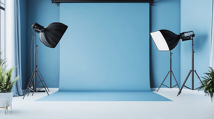 Poster - Professional photo studio setup with blue backdrop, white flooring, and lighting equipment, commercial photography scene