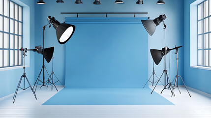 Poster - Professional photo studio setup with blue backdrop, white flooring, and lighting equipment, commercial photography scene