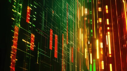 Poster - A close-up of a digital financial chart with rising and falling lines, candlesticks in red and green, set on a dark background for a sharp, data-driven feel.