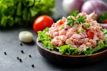 Poster - Tuna salad with tomato lettuce onion healthy appetizer meal or snack on a rustic background suitable for keto paleo or vegetarian diets