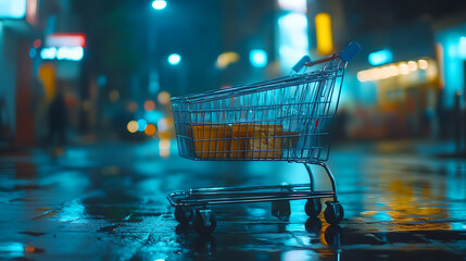 Poster - Shopping cart at night blurred background