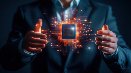 Poster - person in suit holds glowing microchip surrounded by digital circuits, symbolizing technology and innovation. image conveys sense of advancement and futuristic concepts