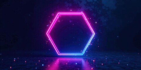 Leinwandbilder - Hexagonal Neon Frame with Glowing Particles and Reflective Surface