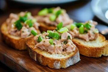 Canvas Print - Tuna spread bruschetta topped with green onion and fish rillettes on a wooden platter