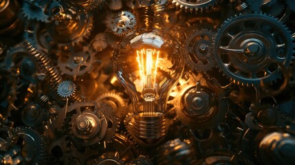 Poster - A close-up of a light bulb surrounded by gears and cogs, representing the mechanics of thought and the evolution of innovative ideas into reality.