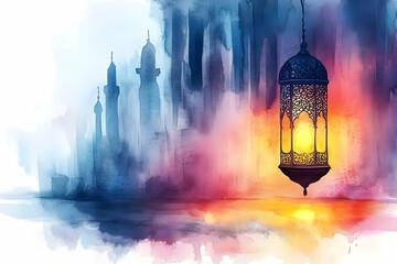 Sticker - Illuminated Lantern, Mosque Cityscape, Sunset, Watercolor, Ramadan