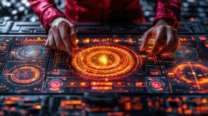 Aufkleber - Person Interacting with Futuristic Orange and Red Glowing Digital Interface