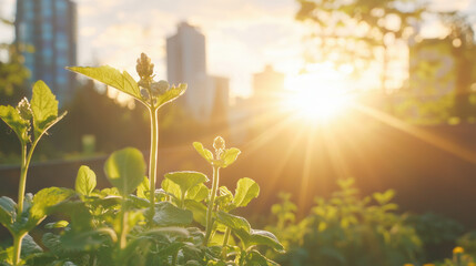 Wall Mural - Fresh green plants basking in sunlight with city skyline backdrop