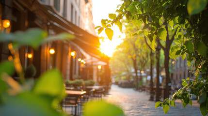 Poster - serene outdoor cafe scene with sunlight filtering through green leaves, creating warm atmosphere