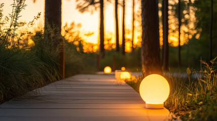 Poster - serene pathway illuminated by glowing round lamps at sunset, surrounded by trees and greenery