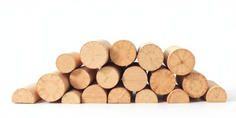 Poster - A Collection of Smooth, Light Brown Wooden Cylinders Stacked in an Asymmetrical Pile Against a White Background