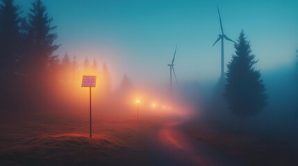 Poster - serene landscape featuring wind turbines and solar panels in fog. scene evokes sense of tranquility and sustainable energy