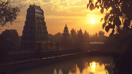 Wall Mural - Wallpaper for puthandu with an majestic temple at dusk