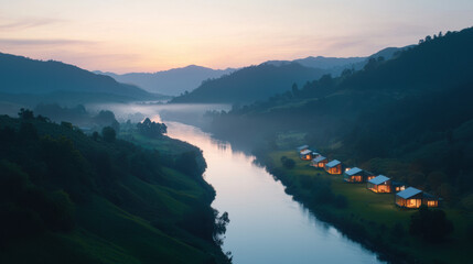 Poster - Serene river landscape at dawn with illuminated cabins along bank