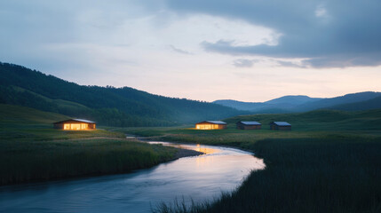 Poster - Serene landscape with modern cabins by river at dusk, surrounded by hills