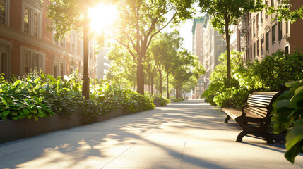 Wall Mural - serene urban park with sunlight filtering through trees, showcasing lush greenery and peaceful pathway