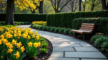 Aufkleber - Serene Garden Path with Wooden Bench and Blooming Yellow Flowers