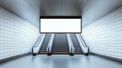 Poster - White tiled metro station with blank ad space and dual staircases, urban commute concept