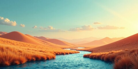 Poster - Serene Sunset Over a Winding River in a Golden Grassland Valley