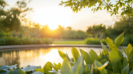 Poster - serene garden scene at sunset with lush green leaves and tranquil pond. warm light creates peaceful atmosphere