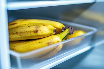 Wall Mural - Yellow brown spotted bananas in a transparent fridge drawer on a white refrigerator door