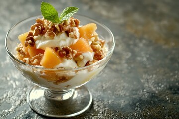 Wall Mural - Yogurt and walnut fruit salad in glass bowl on stone surface Healthy diet Close up