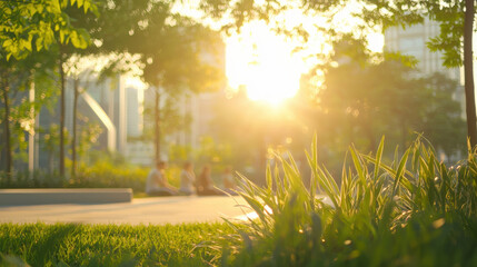 Poster - serene park scene with sunlight shining through trees, highlighting grass and people relaxing in background