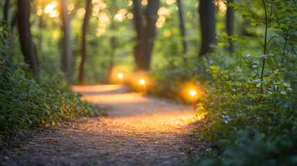 Poster - serene forest path illuminated by warm lights, surrounded by lush greenery. golden hour creates peaceful atmosphere for stroll