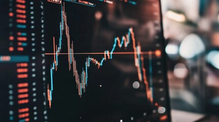 Poster - A close-up view of an interactive stock trading chart on a tablet, showing candlestick patterns and technical indicators in a well-lit environment.