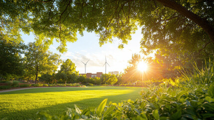 Wall Mural - serene park scene with lush green grass, trees, and wind turbines. sunlight creates warm atmosphere, highlighting nature beauty