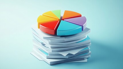 Poster - A colorful D pie chart emerging from a stack of documents, representing insights derived from thorough research and analysis, capturing the essence of business strategy.