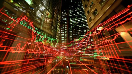Poster - A composite stock market graph with multiple lines indicating different stocks' performances, color-coded for easy differentiation on a digital screen.