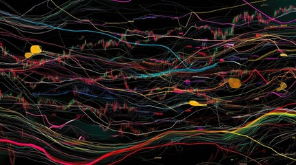 Poster - A composite stock market graph with multiple lines indicating different stocks' performances, color-coded for easy differentiation on a digital screen.