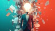 © Chaikit - Creative mind visualization, levitating book pages, scattered typography elements, luminous idea bulb, teal business attire, soft coral formal wear, bright circular backdrop, contemporary digital