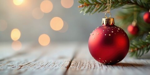 Poster - A Festive Red Ornament Hanging from a Pine Branch on a Rustic Wooden Surface with a Soft Bokeh Background