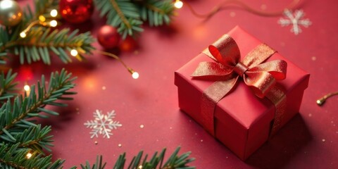 Aufkleber - A Festive Red Gift Box with a Gold Bow, Surrounded by Sparkling Lights and Evergreen Branches