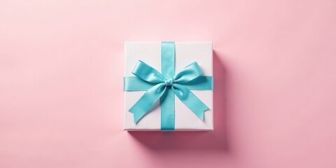 Poster - A single white gift box with a light blue ribbon bow on a pink background