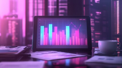Poster - A digital bar chart displayed on a tablet screen, with rising bars reflecting profit growth, surrounded by financial documents and a coffee cup.
