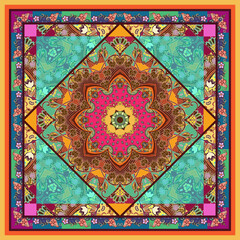 Wall Mural - Bandana print with beautiful stylized flower on ornamental background. Square pattern with ethnic motifs.