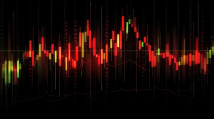 Poster - A digital stock market chart with dynamic candlestick patterns in red and green, showcasing market fluctuations against a sleek, dark background.