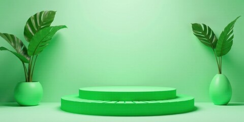 Poster - Serene Green Studio Display with Two Lush Plants and Circular Pedestal