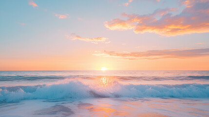 Poster - serene sunset over ocean with gentle waves and colorful sky