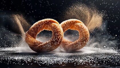 Sticker - Two freshly baked, golden brown donuts with powdered sugar flying off, creating a cloud-like effect on a dark background.