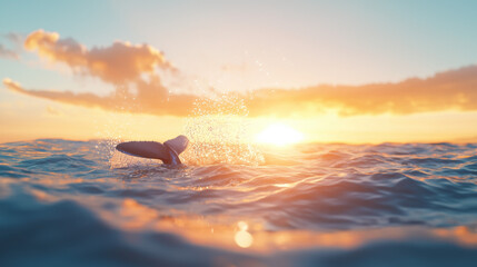 Poster - whale tail emerges from ocean at sunset, creating splashes in water. vibrant colors of sky reflect on waves, evoking sense of tranquility