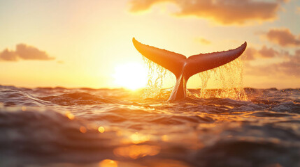 Poster - majestic whale tail emerges from ocean at sunset, creating stunning silhouette against vibrant sky